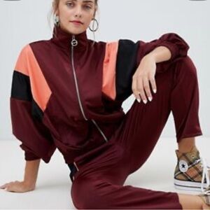 Bershka Burgundy and Black Track Suit Jacket with Peach Accents